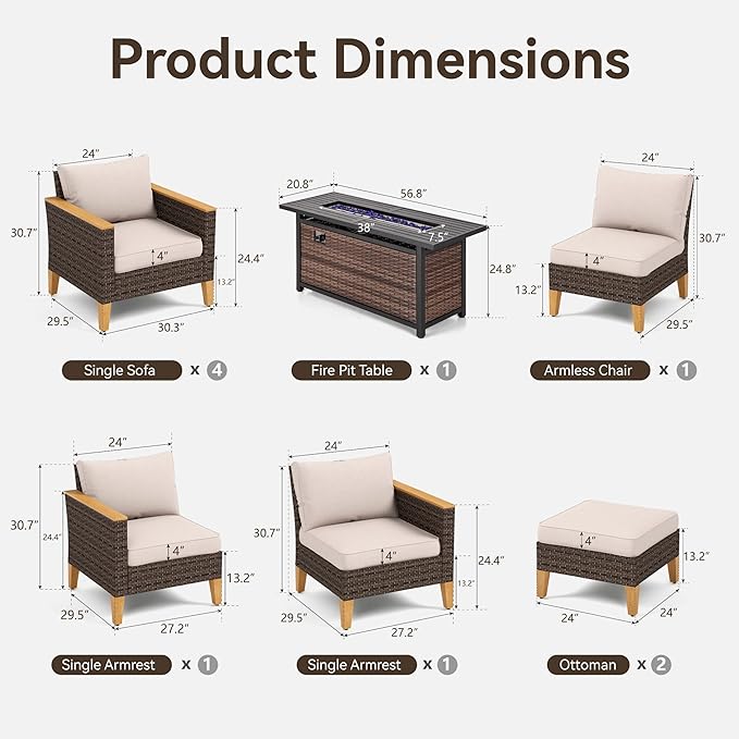 GREEN PARTY 9 Pieces Wicker Patio Furniture Set with 56" Fire Pit Table, All-Weather Outdoor Rattan Patio Sectional Sofa Conversation Set with 4" Thick Cushions for Garden, Backyard, 2 x Ottomans