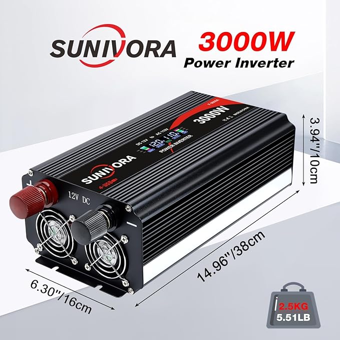 3000 Watt Inverter with LCD & Remote Control 12V DC to 110V/120V AC 60HZ Power Converter 6000W(Peak) with 4 Sockets & 4 USB Ports Power Inverters for Vehicles RV Truck Camping