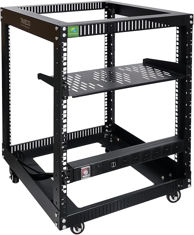 RIVECO 19" 12U Server Rack Open Frame with Wheels + PDU (8 Outlets) Power Strip Surge Protector + 1U Rack Shelf Cantilever Tray Set Black