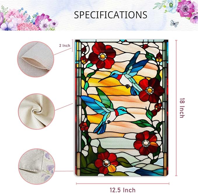 Spring Summer Hummingbird Garden Flag Glass Style Vertical Double Sided Rustic Farmland Burlap Yard Lawn Outdoor Decor 12.5x18"