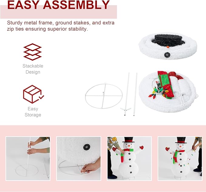 Glitzhome 47.25" H Lighted Christmas Snowman, 3D Foldable Fabric Outdoor Decor with Colorful Bulbs Holiday Lawn Ornament Yard Decoration Outdoor and Indoor use Long-Lasting, 160 Warm White LED