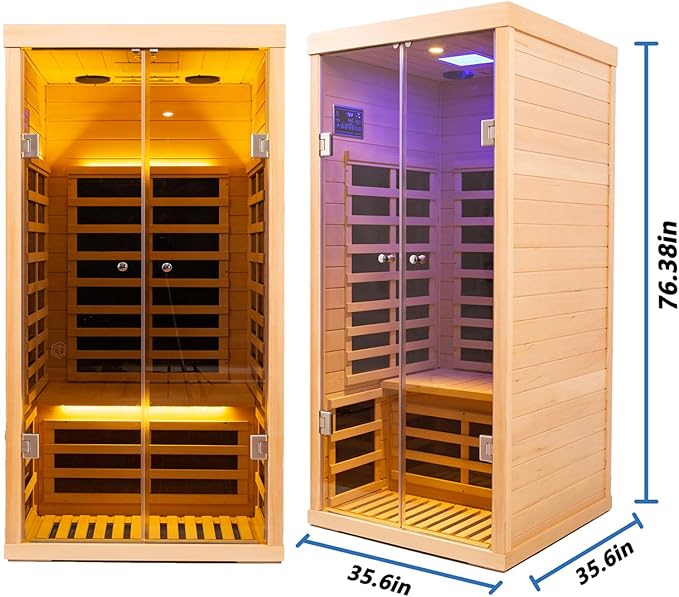 Hemlock 1 Person Infrared Sauna for Home, Luxury Personal Indoor Sauna Spa, 1420w/120v Ultra Low EMF Infrared Sauna, App&LCD Panel Controls, Bluetooth Speakers, Chromotherapy Lights, Reading