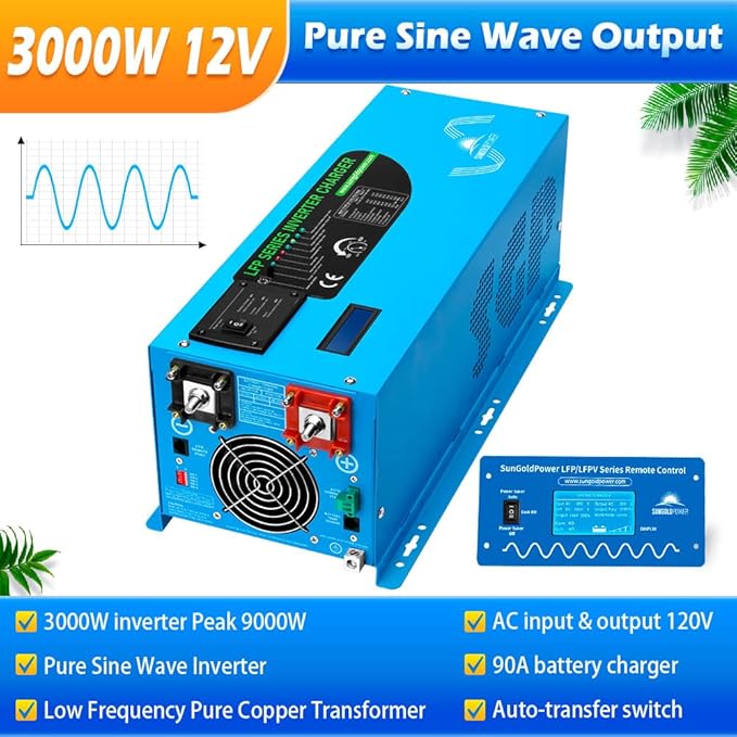Sungoldpower 3000W DC 12V Peak 9000W Inverter Charger Pure Sine Wave Upgrade, AC 120V with 90A Battery AC Charger LCD Display, Low Frequency Inverter, for RV, Trailer, Camper, Home, Boat