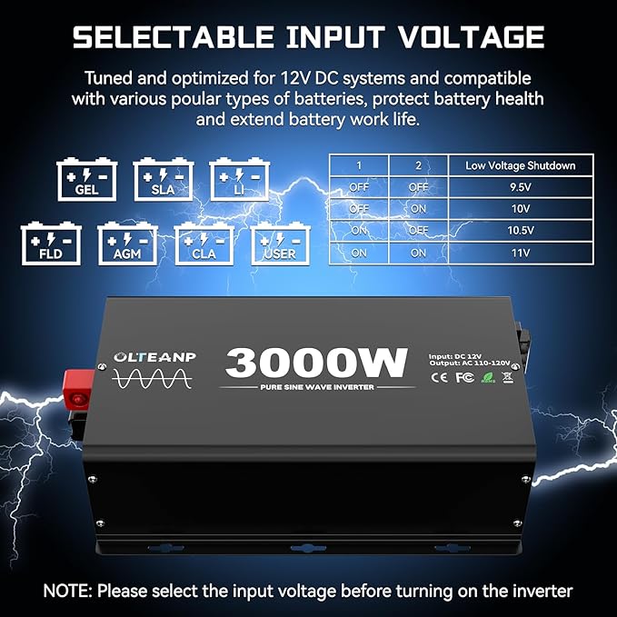 New Upgraded 3000 Watts Pure Sine Wave Inverter, 12V DC to 110V AC Power Inverter with 4 AC Outlets, USB Port, Type-C Port for Truck, Vehicle, Power Outage, Remote Control with LCD Screen