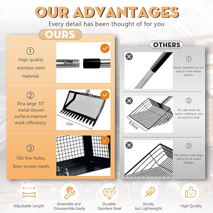 Chicken Poop Scooper and Rake 2-in-1, 10” Wide Metal Coop Scoop for Sand Sifting Shovel with 22" to 62” Adjustable Stainless Steel Handle, Cleaning Tools for Chicken Coops & Farm Animals Scoop