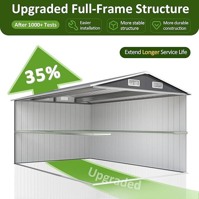 8x12 FT Outdoor Storage Shed, Metal Garden Tool Shed with Updated Frame Structure and Lockable Doors, Ideal for Backyard Garden Patio Lawn, Grey