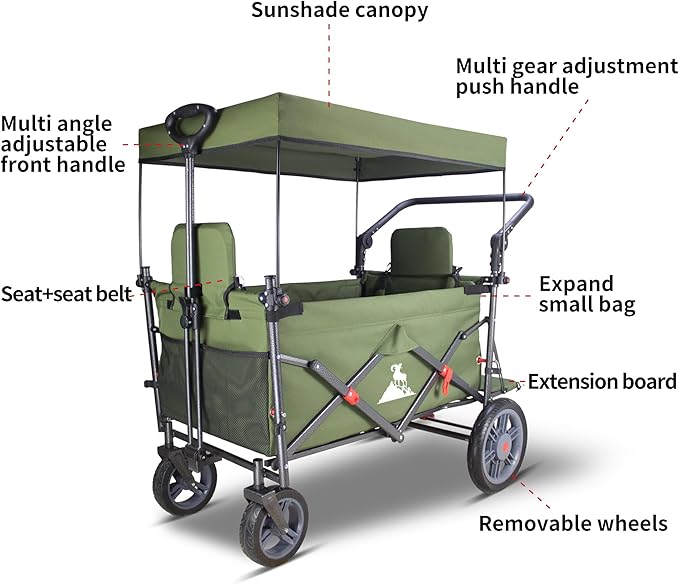 Collapsible Foldable Wagon Cart with Quick-Release Wheels & 2 Seats - Heavy-Duty Utility Folding Wagon 265LBS Capacity for Camping, Garden, Shopping (Green)