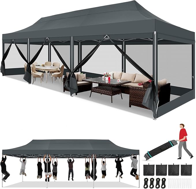 COBIZI 10x30 Heavy Duty Pop Up Canopy Tent with 8 Sidewalls, Commercial Gazebo Party Tent with Mosquito Netting Wall Easy Set Up Outdoor Instant Screen Tent for Backyard, Patio, Garden, Gray