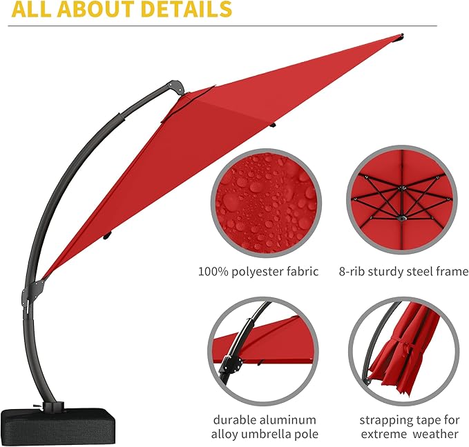 Kingdura 12ft Offset Cantilever Patio Umbrella with Base Included, Large Round Aluminum Outdoor Umbrella, 360° Rotation & Infinite Tilt, Heavy Duty Frame for Deck Pool Backyard, Red