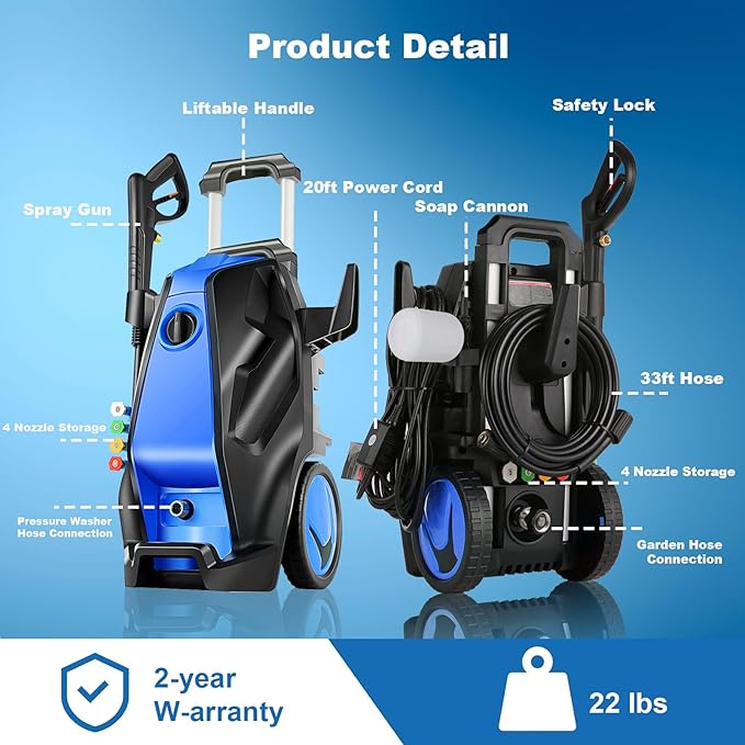5000 PSI Pressure Washer with 33FT Hose Power Washers Powered Professional High Pressure Cleaner Machine, Foam Cannon, 4 Tips, powerwashers for Home Cars, Blue