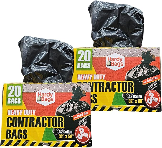 Hardy Bags Contractor Trash Bags – 42 Gallon Heavy-Duty, 3 Mil Thick, 20 Count Box, Extra Strong Construction, Tear & Puncture Resistant (Contractor, Pack of 2)