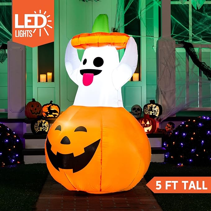 Joiedomi 5 FT Halloween Inflatable Ghost Outdoor Decorations, Blow Up Yard Decorations in Pumpkin, Blow Up Ghost Inflatable with LEDs for Cute Halloween Decor