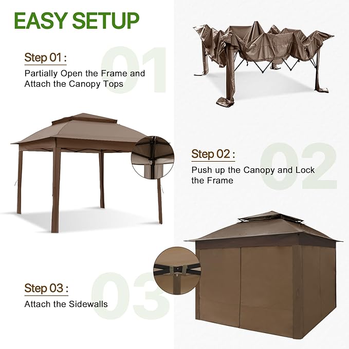 COOS BAY 11x11 Pop-up Instant Gazebo Tent with 4 Sidewalls Outdoor Canopy Shelter with Carry Bag, Stakes and Ropes, Brown