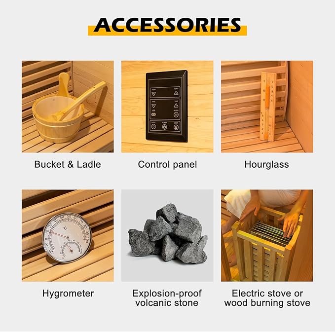 ZONEMEL Wooden Steam Sauna Room, 2 Person Canadian Hemlock Luxurious Indoor Sauna with 3.5 KW Harvia Stove Heater, Bluetooth Speaker, Sauna Stone, Wooden Bucket, Scoop, Reading Light, Hourglass,220V