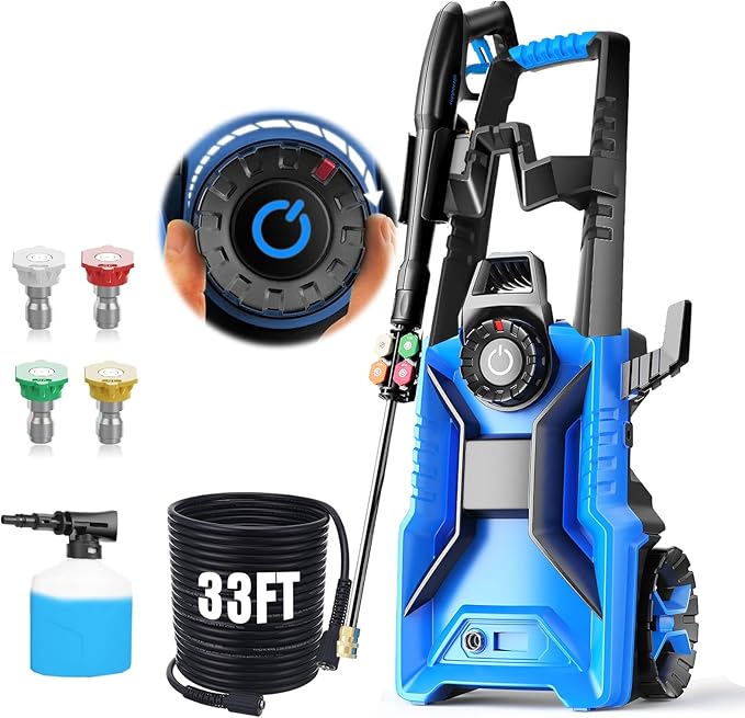 5000 PSI Adjustable Pressure Cleaner, 2025 New Power Cleaner Pressure Adjustable (2500PSI-5000PSI) with 33ft Pressure Hose, 4 Nozzle and Detergent Tank for Cars, Upgraded Blue
