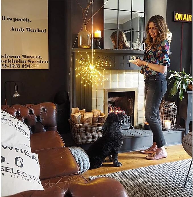 2 Pack Starburst Sphere Lights with Remote Control,200 LED Firework Light, 8 Modes Dimmable Waterproof Copper Wire Hanging Fairy Light for Patio Parties Christmas (Solar Powered)