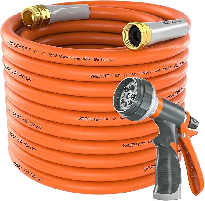 SPECILITE Garden Water Hose 150 ft x 5/8 in Heavy Duty, Flexible and Lightweight, Burst 600 psi, Kink-less Hybrid Rubber Pipe for Backyard, 3/4'' Brass Fittings, Orange