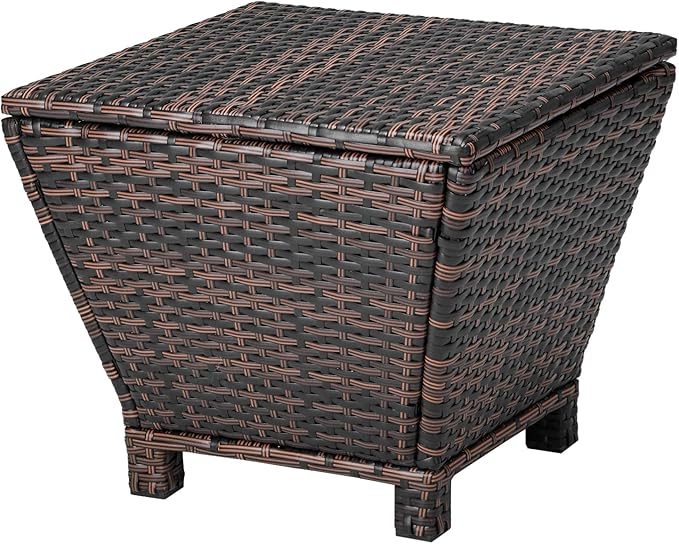 VINGLI 13 Gallon Outdoor Deck Box, Wicker Outdoor Storage Box with Lid, Small Storage Bin Container for Outside and Patio, Patio Rattan Side Table for Yard Porch (Brown, Trapezoidal)