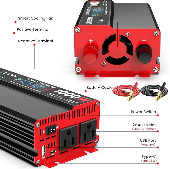 1000 Watt Power Inverter 12V DC to 110V/120V AC Car Inverter with LCD Screen Display, 2 AC Outlets, 36W Type-C Port, 5V/3A USB Port, Car Power Converter for Truck, Home, Vehicles, Laptop, Trip