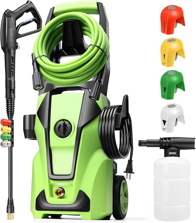 Pressure Cleaner 5000PSI Max 4.0GPM with 33FT Flexible Extension Hose, 4 Nozzles, Foam Cannon, Power Cleaner Powered for Cars, Patios, Driveways, Green