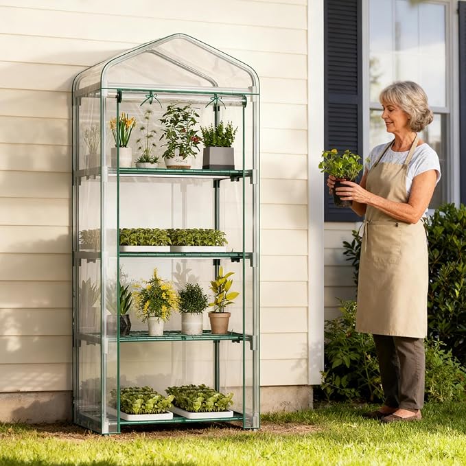 Indoor Greenhouse with Grow Light, 4-Tier 27.6"x19"x63" Mini Greenhouse with Roll-Up Zippered PVC Cover for Seed Starting Trays, Dimmable Grow Light Shelf for Indoor Plants with Timer