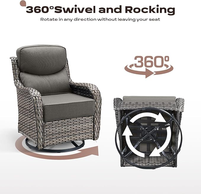 Rilyson 4 Piece Outdoor Patio Swivel Rocker Chairs, Waterproof Wicker, High Back, Deep Seating, Wide Armrest, Upgraded 6 inch Thick Cushions, Ideal for Deck Porch Backyard, Mixed Grey/Grey