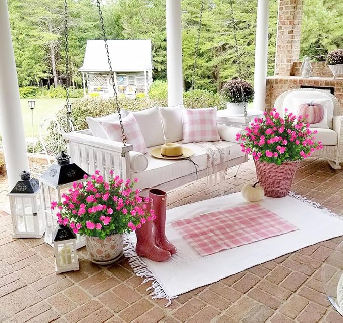 Artificial Flowers Outdoor Artificial Fake Flowers Fake Greenery Fake Plants Faux Outdoor Plastic Plants UV Resistant Shrubs Boxwood Plant Eucalyptus Hanging Basket Home Garden Decor (Pink)