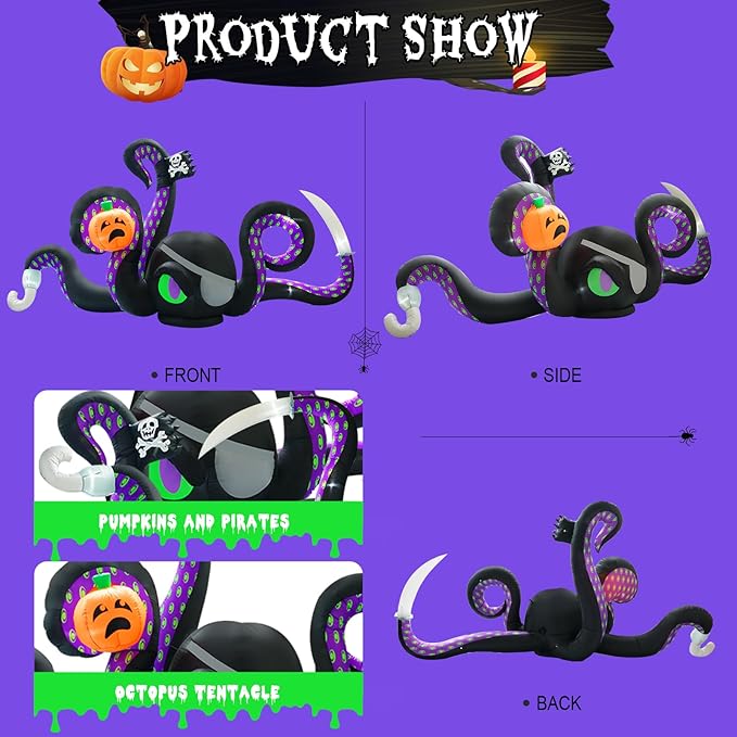 13Ft Halloween Inflatables Giant Octopus Black Sticky Pumpkin LED Light Blow up Halloween Decor for Carnival Party Store Outdoor Yard Lawn Decorations
