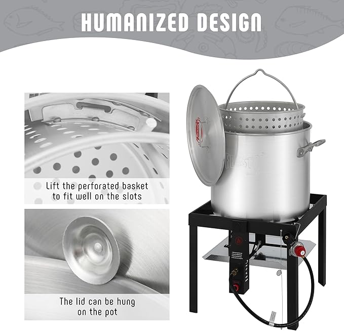 60 QT Aluminum Seafood Boil Pot with Basket and Burner, 100,000 BTU Propane Boiler with 10 PSI Regulator, Outdoor Fryer Kit for Seafood Boiling, CSA Certified