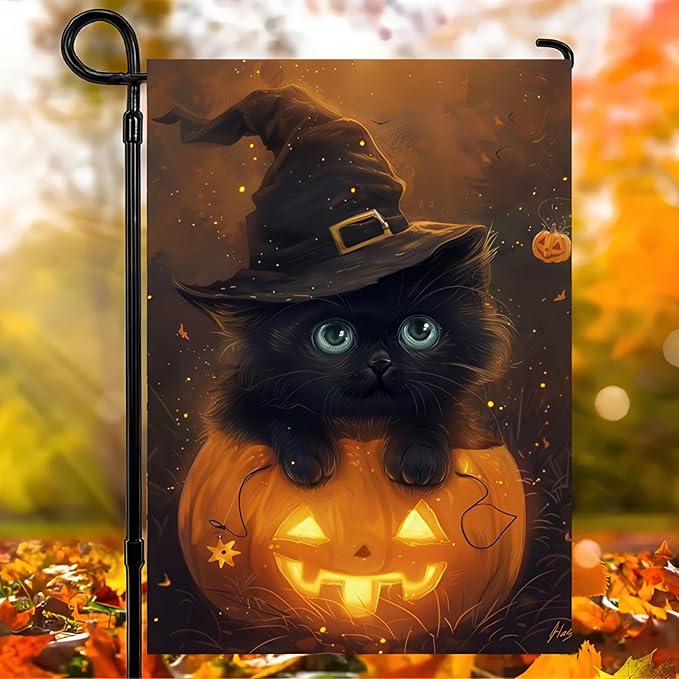 Halloween Garden Flag Black Cat Witch Hat Pumpkin Garden Flag Double Sided Vertical Welcome Flag Holiday Outdoor Yard Lawn Decorations 12x18 Inch
