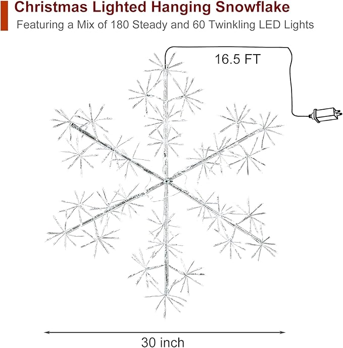 30’’ Christmas Snowflake Lights Outdoor, Pre-lit 240Pcs Cool White LEDs Hanging Silver Snowflake Decoration for Home Indoor Outdoor Window Silhouette