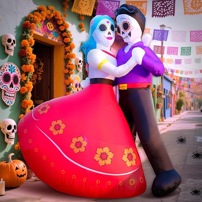 DomKom Halloween Inflatable Blow Up Decorations, Dia de Los Muertos 6FT Day of Dead Catrina Sugar Skull Couple Dancing, Built-in LEDs for Holiday Party, Garden, Lawn, Yard, Patio Décor