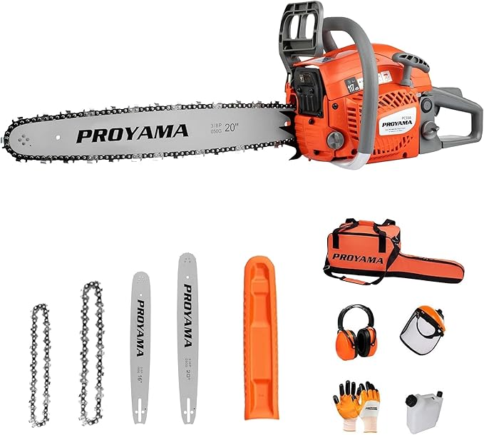 PROYAMA 58CC Gas Powered Chainsaw, 2 Cycle 2.8HP Powerful Chain Saw, 16inch & 20inch Chainsaw Bar, Gasoline Outdoor Cordless Chain Saw for Cutting Forest Wood Garden Trimming Tools