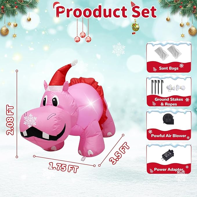 Christmas Inflatable Hippo 3.5ft Outdoor Decoration, Blow up Cute Pink Hippopotamus in Santa Hat and Red Dress with LED Lights, Suitable for Lawn Garden Party Holiday Easter Spring Decoration