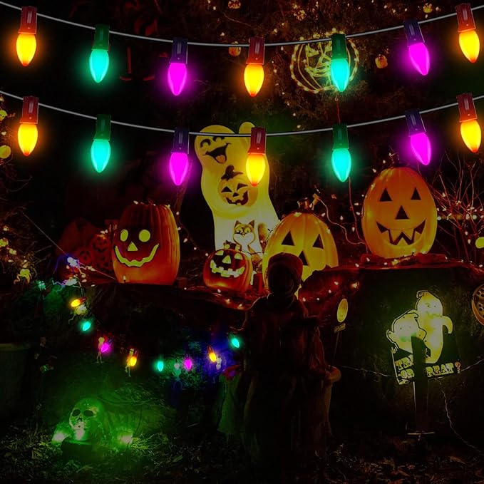 C7 LED Christmas Lights, 25FT String With 27 Orange Green and Purple Bulbs, Hanging Decoration for Outdoor Indoor Patio Home Party Garden Yard - Black Wire