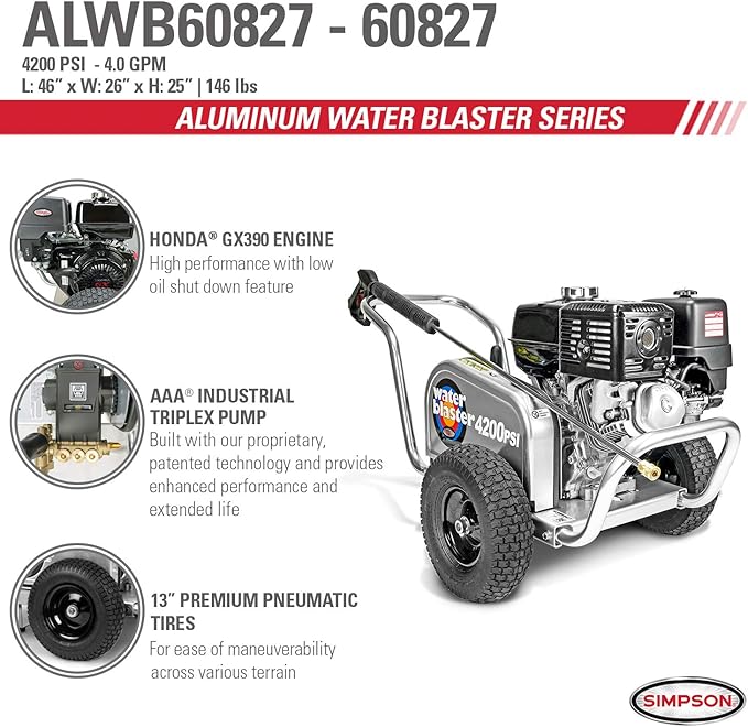 Simpson Cleaning 4200 PSI Gas Pressure Washer, 4.0 GPM Power Washer for Commercial Use, Honda Engine, 50-Foot Steel-Braided Hose, Aluminum Water Blaster, 49-State (ALWB60827)