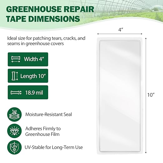 EAGLE PEAK Greenhouse Repair Tape 4”x10”, Heavy Duty Clear Waterproof Patch Kit, Sealing Tape for Greenhouse Film, Tent, Awning, RV Roof Repair, 8 Pack, Clear