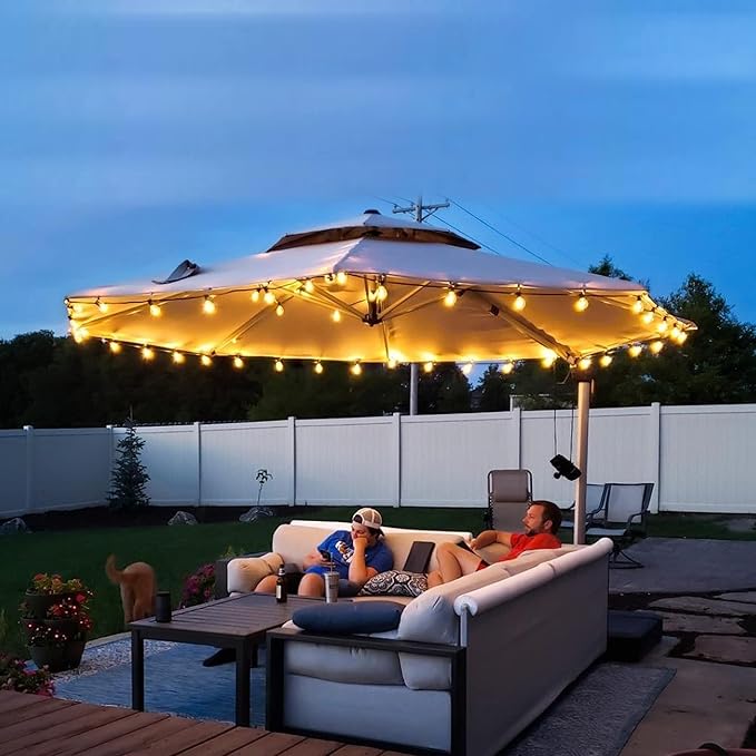 PURPLE LEAF 12 Feet Double Top Round Deluxe Patio Umbrella Offset Hanging Umbrella Outdoor Market Umbrella Garden Umbrella, Beige