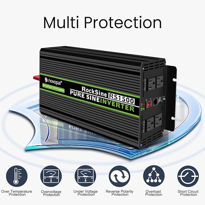 Novopal 1500W Pure Sine Wave Inverter, 12V DC to 110V/120V AC Car Power Converter, DC-AC Power Inverter with 4 Outlets, High-Power Interface，16ft Remote Control, LCD Display