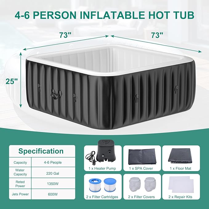 DoCred 4-6 Person Inflatable Hot Tub, 73" X 73" X 25" Square Blow up Portable Hot tub with 130 Bubble Jets, Large Outdoor Spa Bathtub Set Included Heater Pump, Insulated Cover and Filter