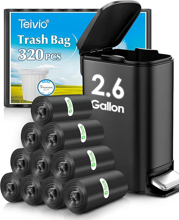 Teivio 2.6 Gallon 320 Counts Strong Trash Bags Garbage Bags, Bathroom Trash Can Bin Liners, Small Plastic Bags for Home Office Kitchen Kitchen (Black)
