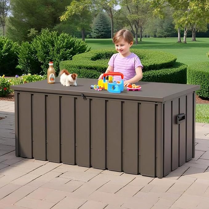 LANTRO JS 150 Gallon Metal Deck Box, Outdoor Storage Box Waterproof with Wheels, Lockable Storage Container for Patio Furniture Cushions Garden Tools, Dark Brown