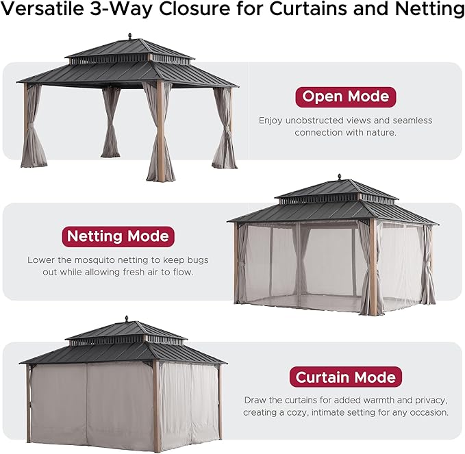 SUNJOY Kingston 14' x 12' Hardtop Gazebo with Galvanized Steel Double Roof, Curtain and Netting, Woodgrain Finish Aluminum Posts Permanent Pavilion Gazebo for Garden, Patio, Deck, Lawn