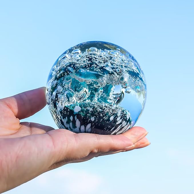 Decorative Crystal Ball Figurines Ocean Waves Paperweight Blown Glass Decor Sea Art Ocean Lovers Gift Green White 3.15"