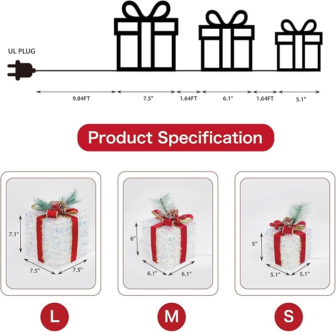 Set of 3 Christmas Lighted Gift Boxes Plug-in 60 Led Light Up Boxes Ornaments for Christmas Decorations Indoor Outdoor Home Yard Xmas Tree Holiday Party Lawn Porch (Tinsel)