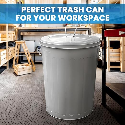 Plexon Large Metal Trash Can with Lid 20 Gallon, Decorative Outdoor Trash Can Heavy Duty Galvanized Metal Bucket with Lid for Garage Workshop Ash Storage Farmhouse, Gray