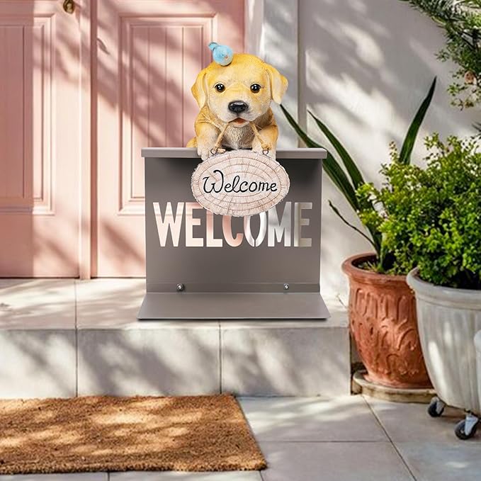 Garden Dog Statues with Solar Bird, Solar Labrador Puppy Statue with Welcome Fence Base Outdoor Sculptures Garden Decorations for Patio, Lawn, Yard, Housewarming Gifts for Mom Women Grandma
