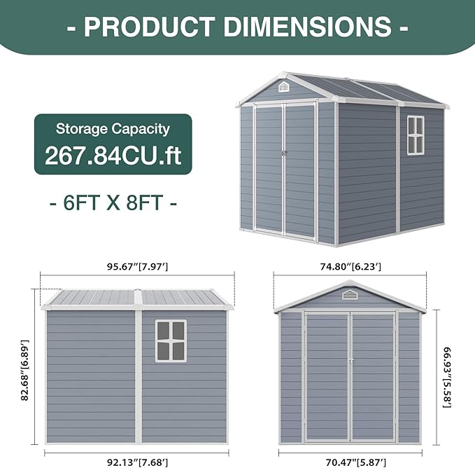 Storage Shed Plastic Outdoor Storage Shed Waterproof Container House with Lockable Door and Transparent Window for Garden, Lawn, Backyard(6x8FT)