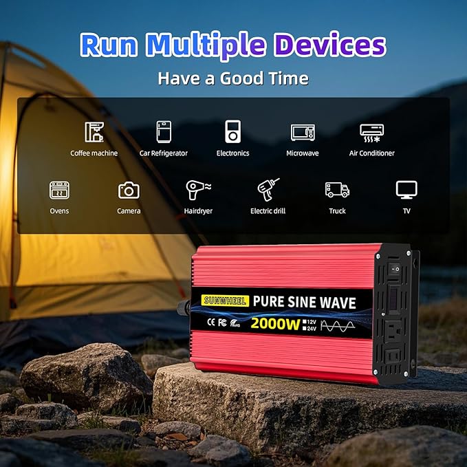 SUNWHEEL 2000W Pure Sine Wave Inverter, 12V DC to 110V/120V AC Power Inverter for RV、Microwave、Off Grid、Truck、Refrigerator、Air Conditioner with 2 AC outlets and LCD Display