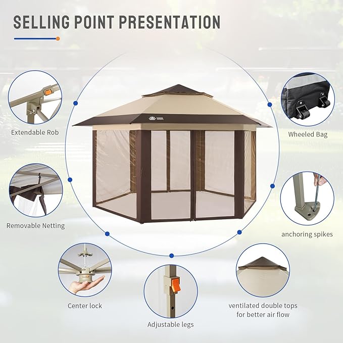 CROWN SHADES 13x13 Pop up Gazebo with Mosquito Nettings, Patented Center Lock 6-Sided Portable Gazebo, 300D Silver-Coated Fabric UV Resistant, Pop Up Canopy Tent for Patio, Party, Beige&Coffee